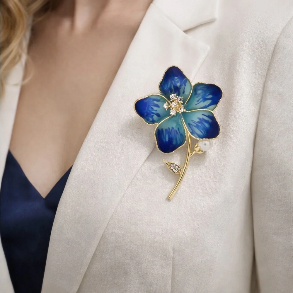 Blue Floral Blossom Gold Brooch